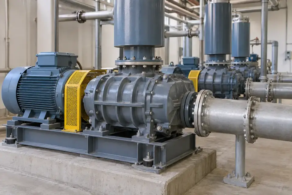 Water-treatment aeration blower and electric motor with fixed bearing housings