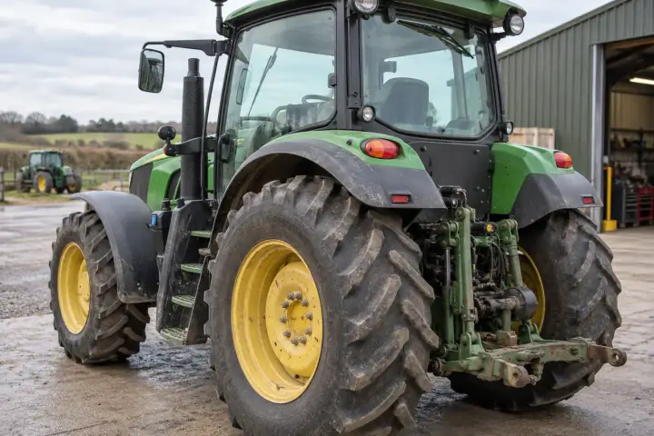 Agricultural tractor with a visible fixed rear-cab frame at a farm equipment yard.