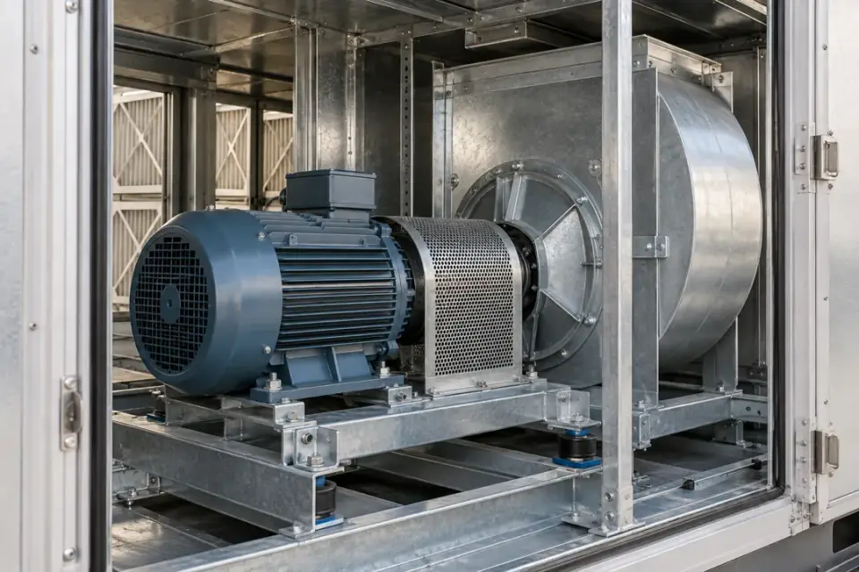 Air-handling fan assembly with accessible fixed motor and fan bearing housings