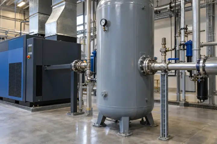 Industrial screw compressor and vertical air receiver with a valved outlet-header pressure service connection.