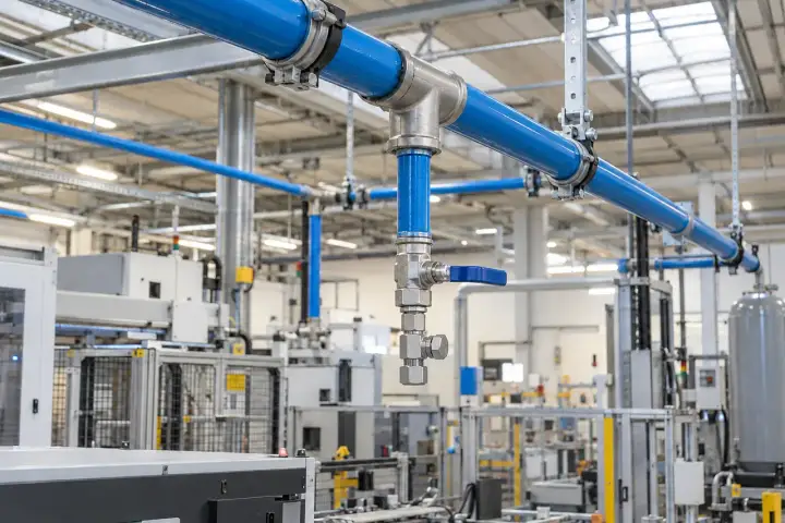Blue overhead compressed-air ring main and supported drop with an isolation valve and capped service tee.