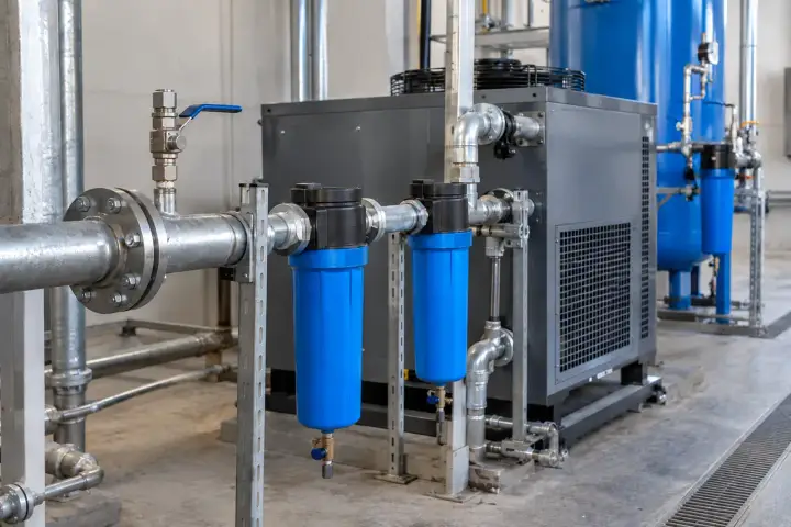 Compressed-air filter station with two blue inline filters, refrigerated dryer and capped valved instrument branches.