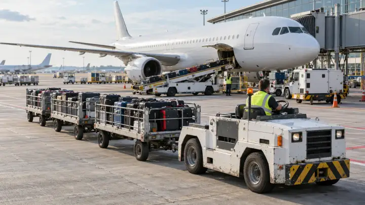 Airport ground support tug and baggage equipment on an apron