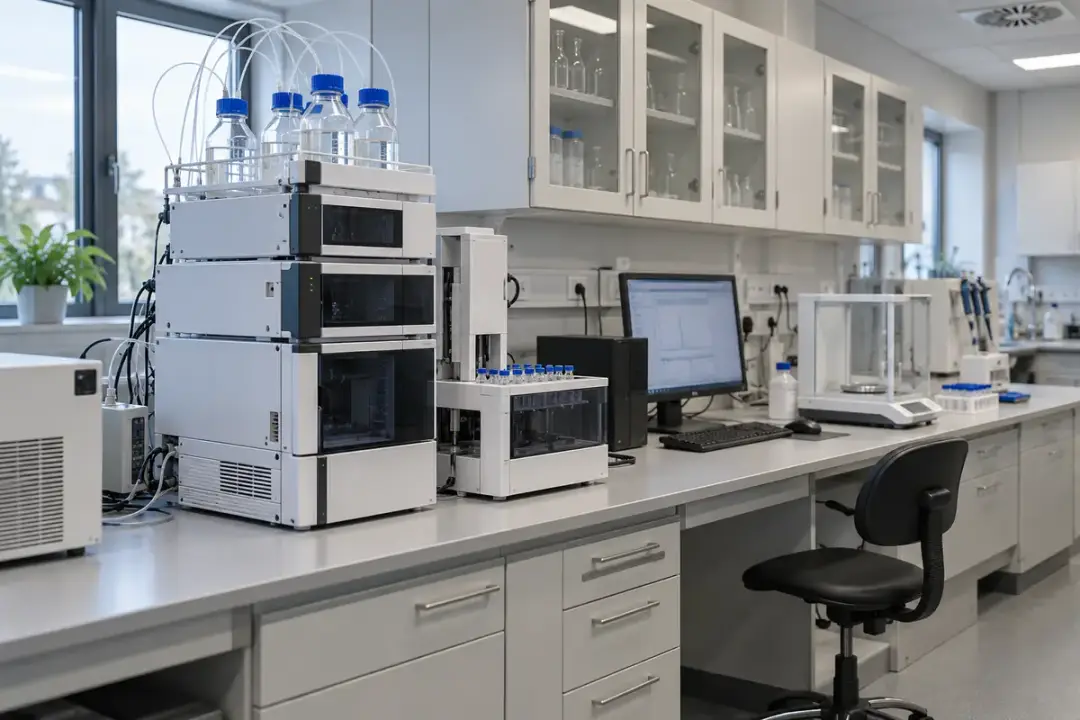 Analytical laboratory with chromatography instruments and enclosed balance on a bench