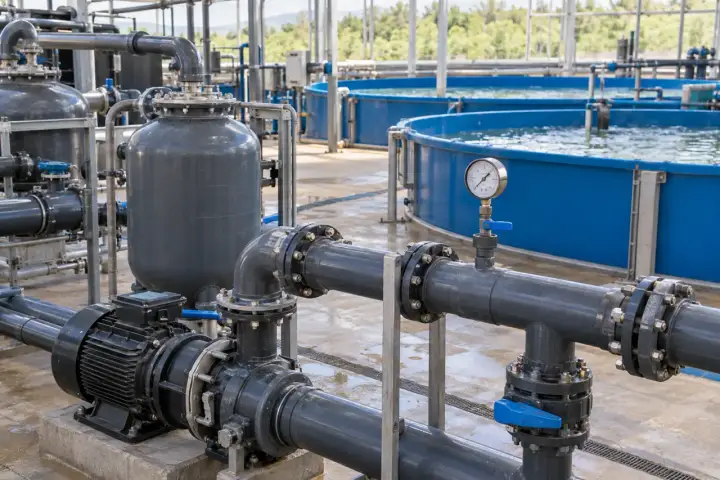 Aquaculture circulation pump and filter vessels with a valved pressure gauge in front of circular fish tanks