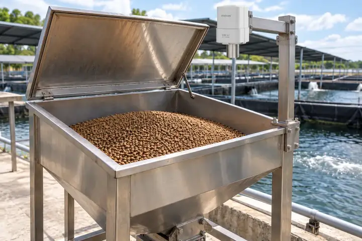 Hitelecom radar sensor above an aquaculture feed hopper on a tall fixed bracket clear of its open lid
