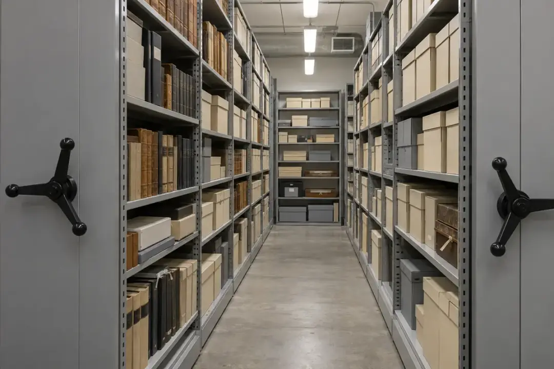 Mobile archive shelving with document boxes and bound records