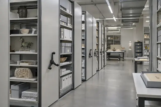 Museum archive storage with collection shelving and archival boxes