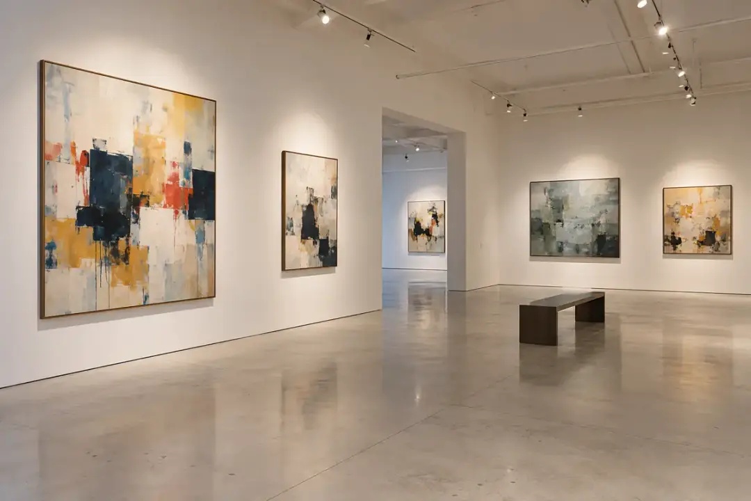 Contemporary art gallery with framed paintings and ceiling track lighting