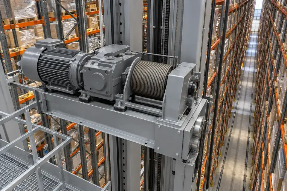 Automated storage and retrieval stacker crane with fixed hoist motor and gearbox