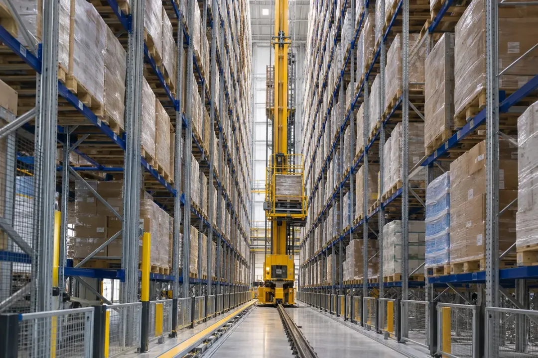 High-bay warehouse racks beside a stacker-crane aisle.
