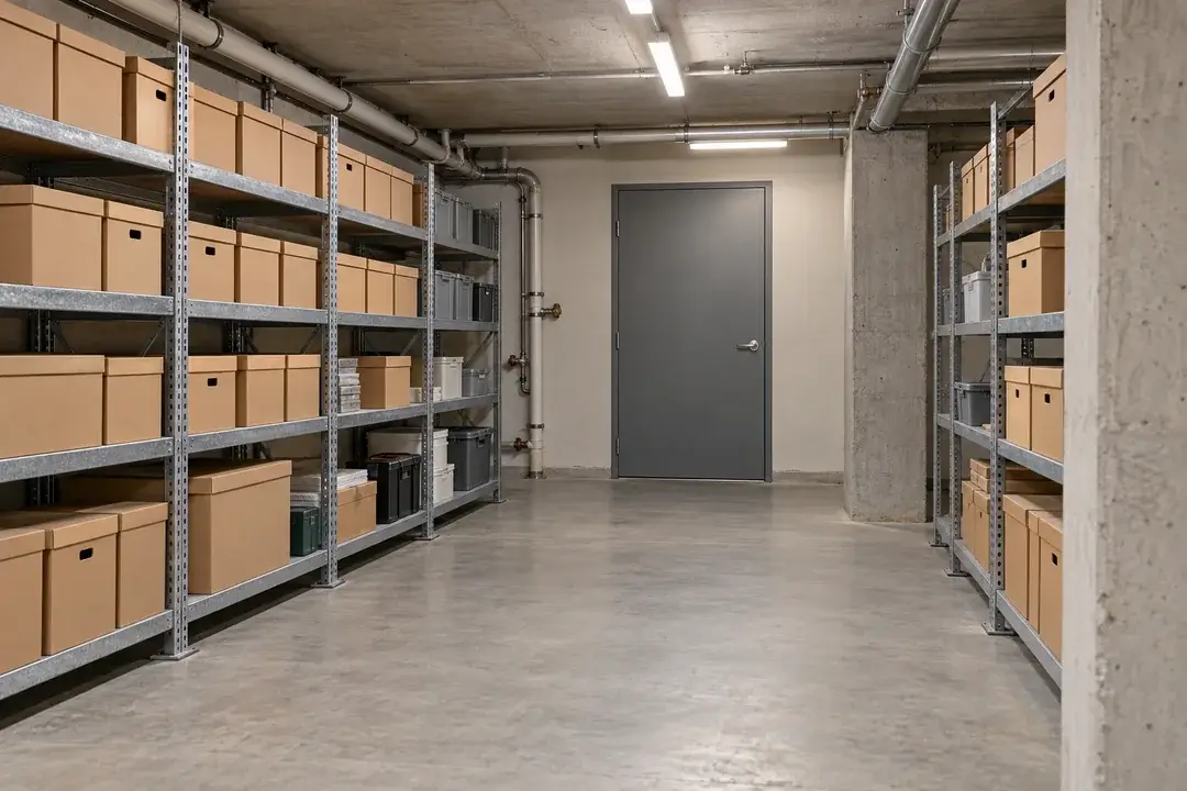 Dry commercial basement records room with concrete walls, utility pipework and boxes on raised metal shelving