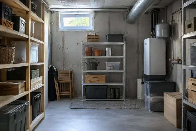 Organised basement storage room with shelves and a ventilation duct