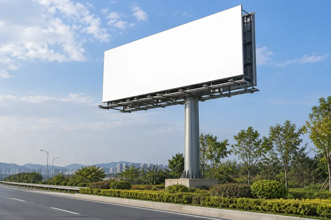 Application illustration: A blank roadside billboard on a steel monopole with visible supporting bracing.