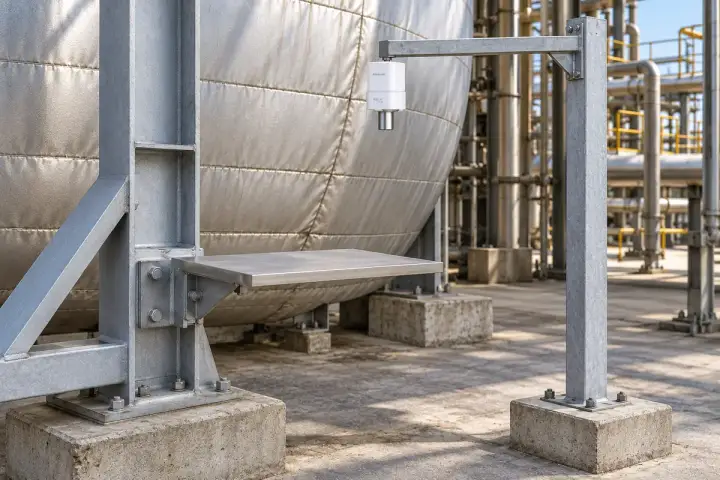 Hitelecom radar sensor mounted on an independent reference arm above a broad target attached to a cool external boiler support