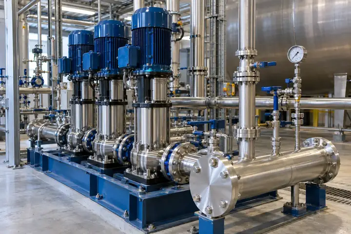 Vertical multistage feedwater pumps connected to a stainless manifold with valved pressure gauges.
