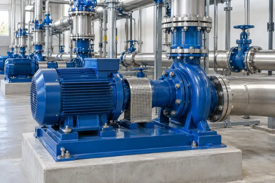 Dry-mounted centrifugal pumps and motor drives at a water pumping station