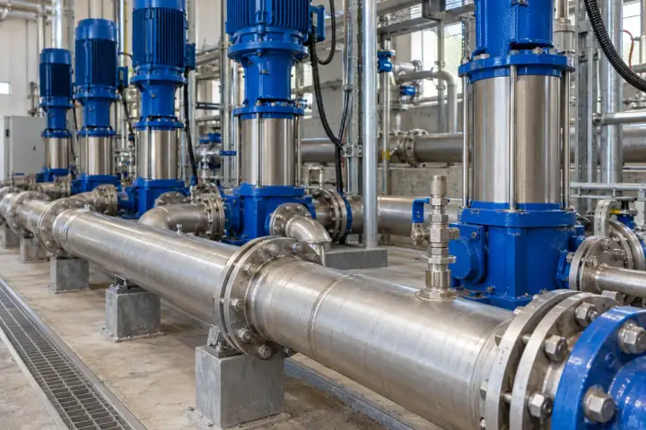 Bank of blue vertical booster pumps beside a stainless steel discharge header and valved instrument branch.