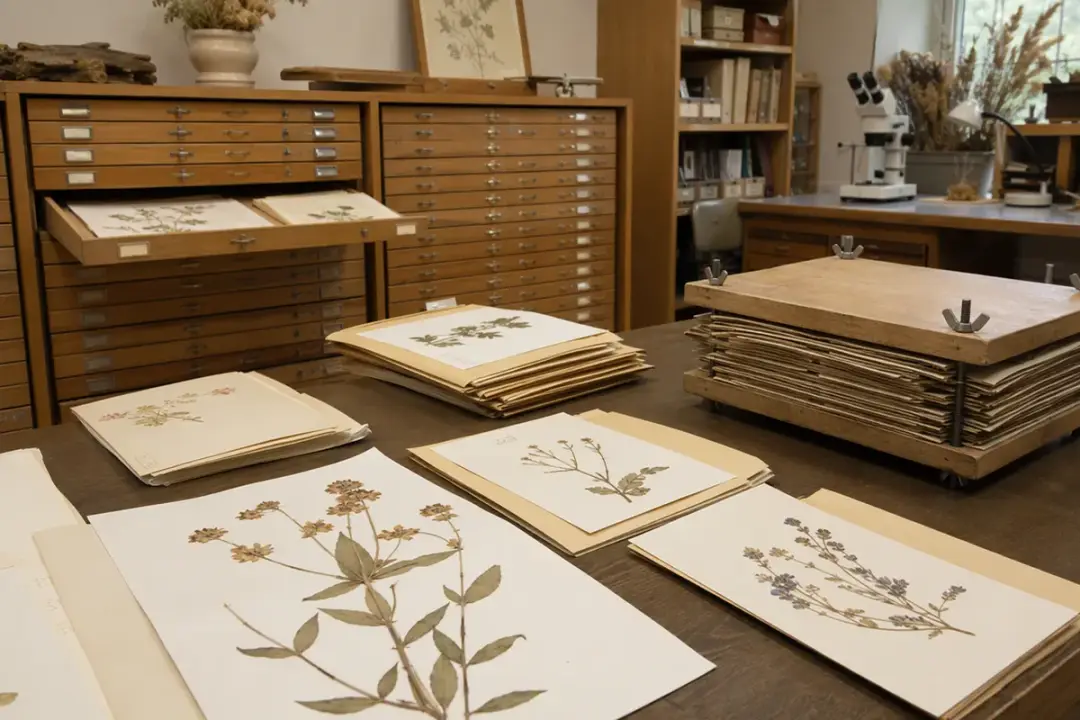 Pressed botanical specimens in herbarium paper folders and mounting sheets.