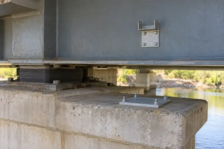 Bridge bearing gap and support movement installation background: A horizontal pier-cap target below a separate beam-side mounting point, outside the bearing mechanism.