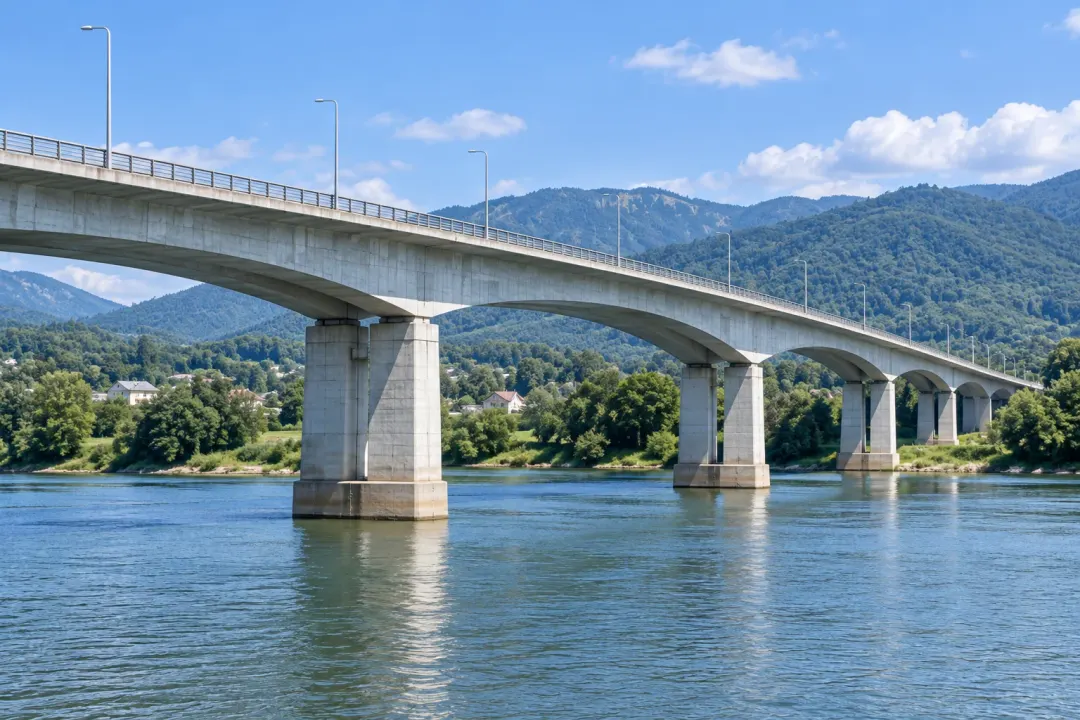 Application illustration: A concrete bridge crossing water with piers and green hills in the background.
