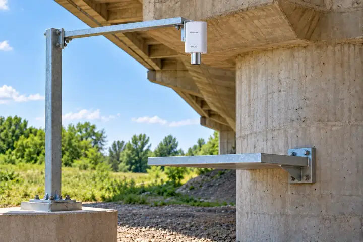 Hitelecom radar sensor on an independent benchmark arm above a broad bridge-pier target