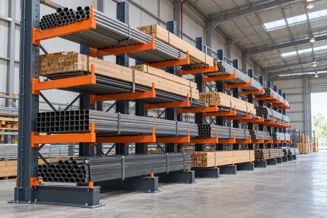 Cantilever storage racks with long goods, upright columns, projecting arms and floor-mounted bases.