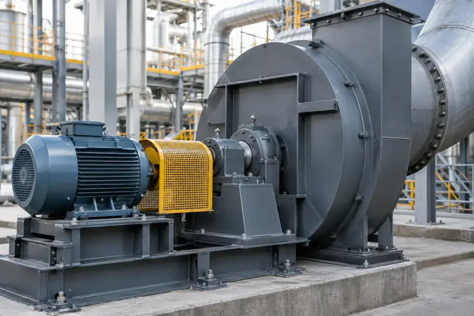 Industrial centrifugal fan and external drive motor beside its fixed bearing housing