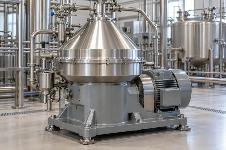 Vertical centrifugal separator with a stationary external machinery housing
