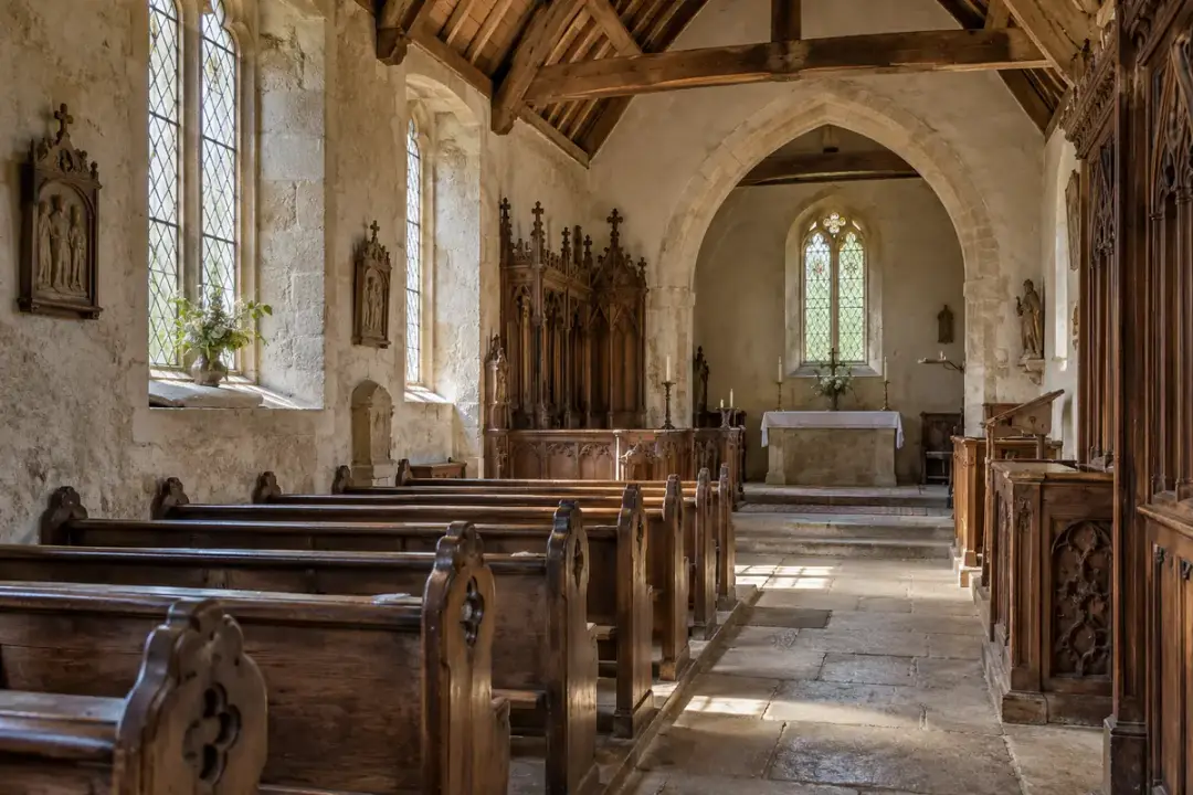 Historic chapel interior with timber pews and carved wooden fittings lit by filtered window light