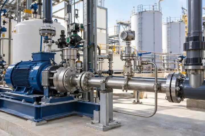 Chemical transfer pump and closed metal pipework with a diaphragm instrument branch, process tanks behind.