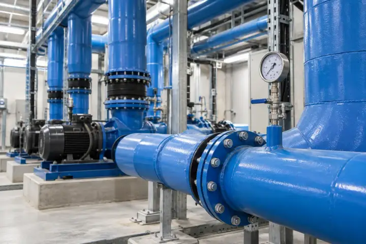 Blue circulation pumps and steel water manifolds with an exposed valved pressure gauge in a plant room.