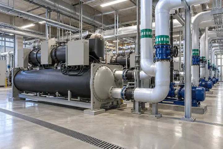 Industrial chiller plant with cooling-water pipework