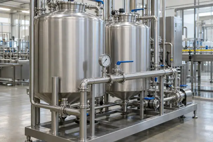 Stainless CIP tanks and supply piping with a pressure gauge on the front manifold
