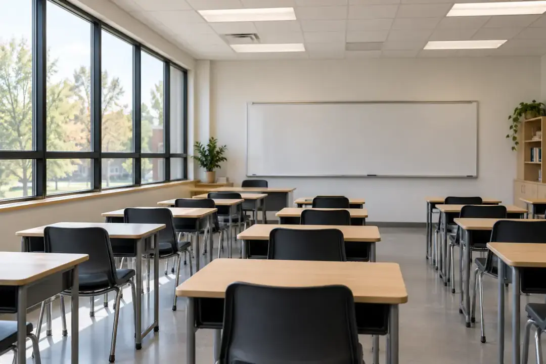 Desks and chairs in a daylight-lit classroom with a blank whiteboard.