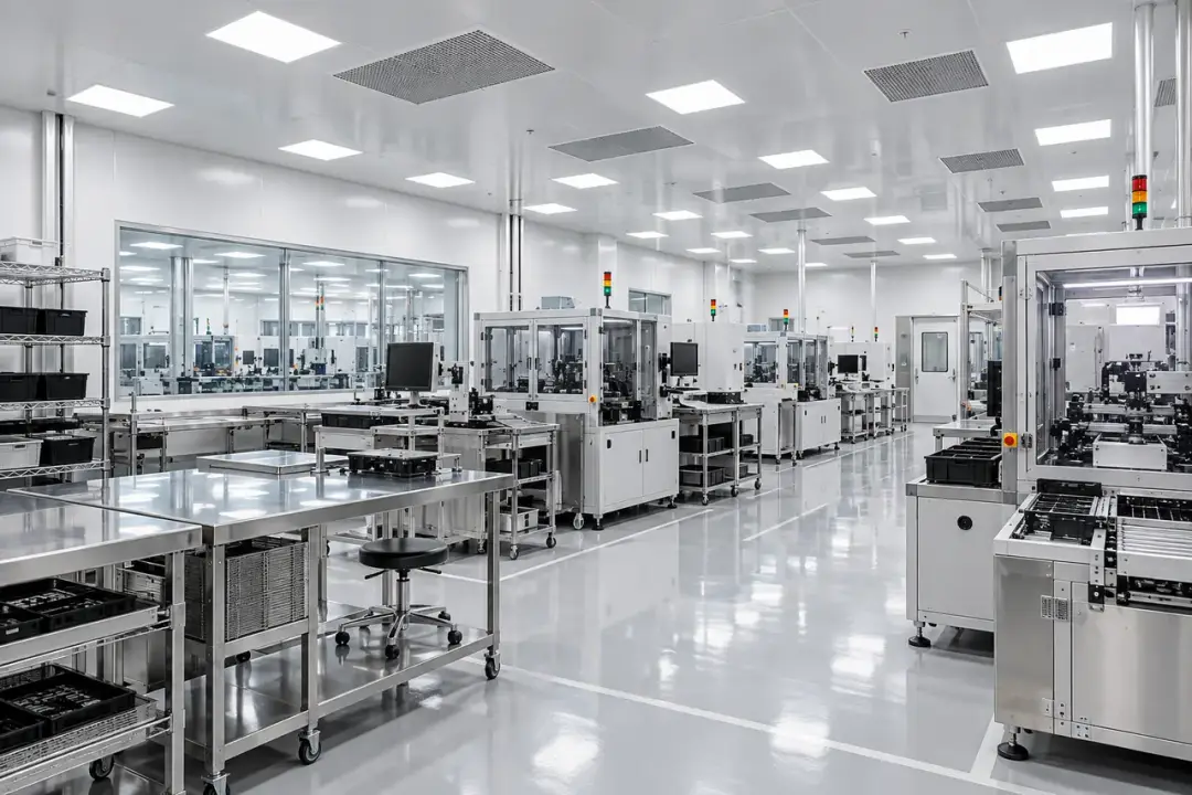 Clean indoor production room with benches and industrial equipment