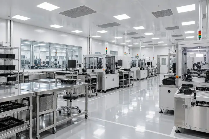 Clean controlled-production room with manufacturing equipment