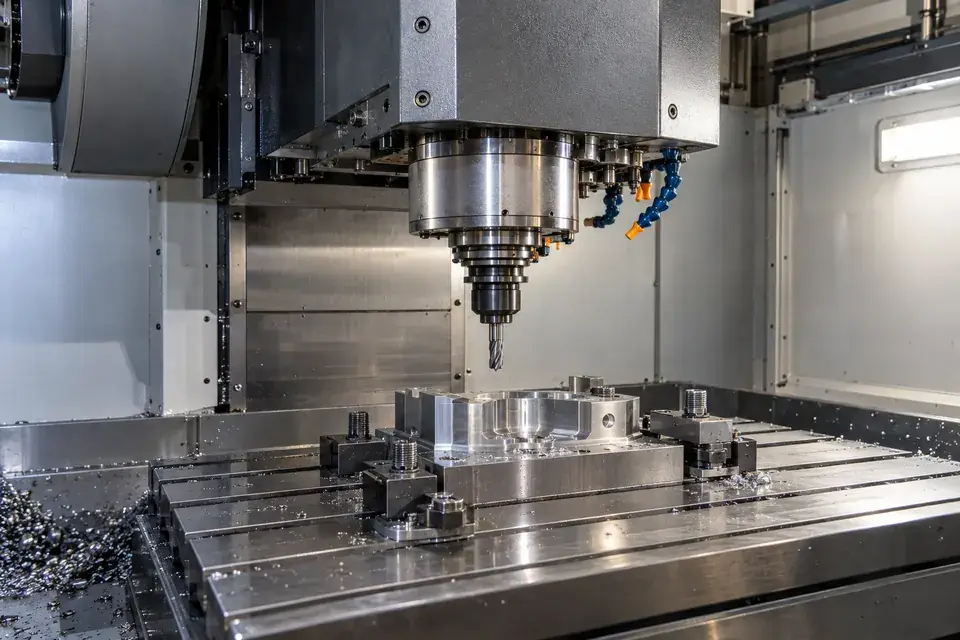 Industrial CNC machine spindle with a fixed spindle housing and guarded machining space