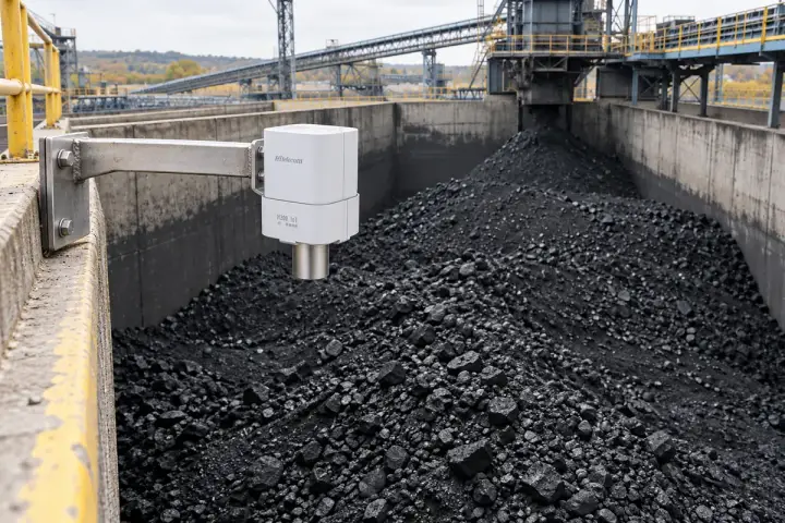 Concept installation of a Hitelecom radar distance sensor on a rigid bunker-wall bracket facing an exposed coal pile