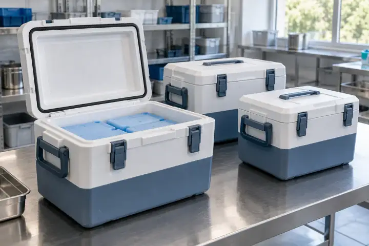 Insulated cold-chain transport boxes at a logistics handover area