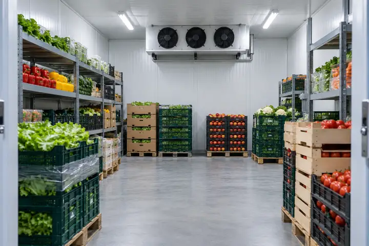 Commercial cold room with organised storage racks and refrigerated goods
