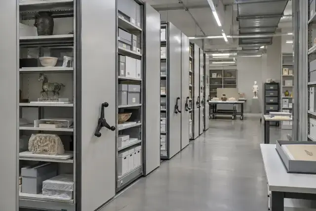 Museum collections store with cabinets and carefully arranged stored objects