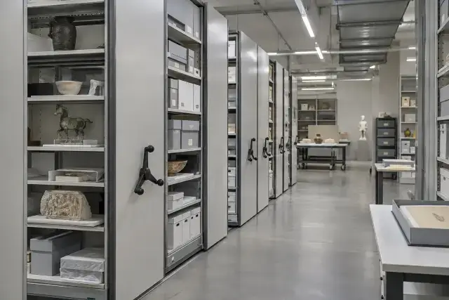 Museum collection-storage room with shelves and conservation objects