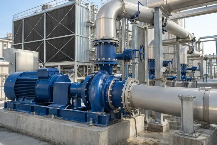 Cooling-tower water pump and supported discharge pipe with a pressure gauge, tower structure behind.