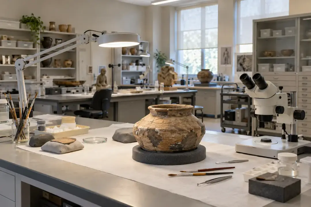 Museum conservation workbench with supported ceramic vessel and stereo microscope