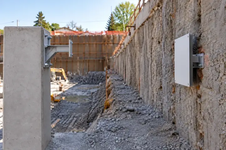 Construction retaining-wall movement installation background: An attached broad wall target facing a distinct reference beyond the assessed excavation movement area.