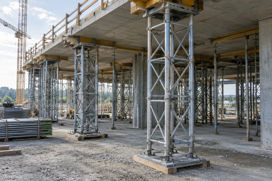 Application illustration: Temporary steel shoring and braced support towers beneath a concrete deck under construction.
