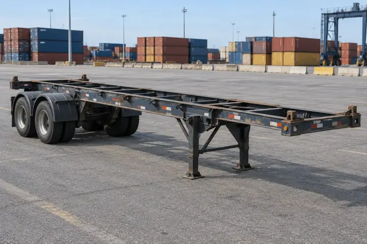 Empty intermodal container chassis parked in a terminal yard