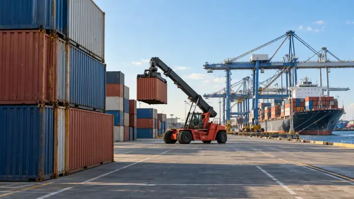 Shipping containers stacked in a coastal terminal yard