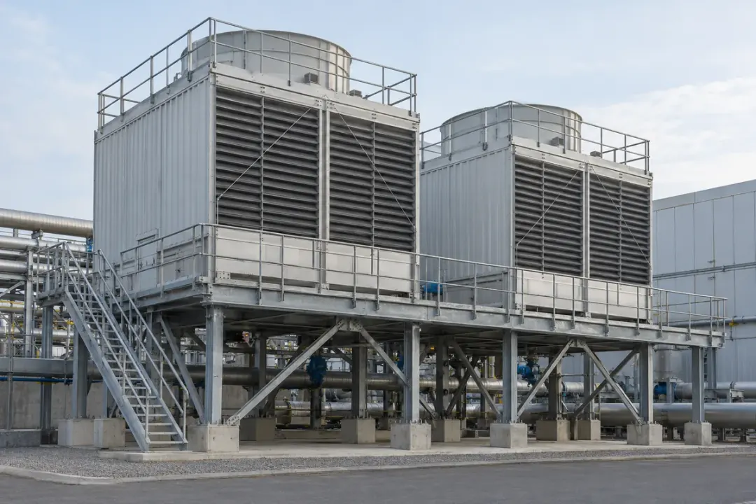 Industrial cooling tower mounted on a visible fixed support frame.